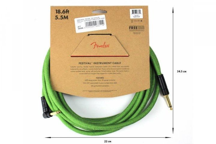FENDER 18.6' ANGLED FESTIVAL INSTRUMENT CABLE PURE HEMP GREEN Кабель інструментальний FE-0152 фото