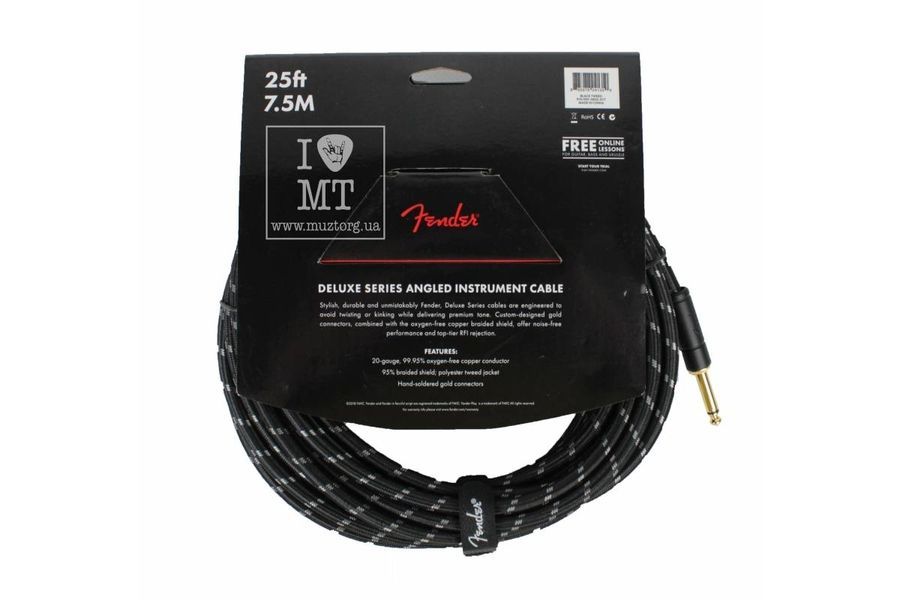 FENDER CABLE DELUXE SERIES 25' ANGLED BLACK TWEED Кабель инструментальный FE-0256 фото