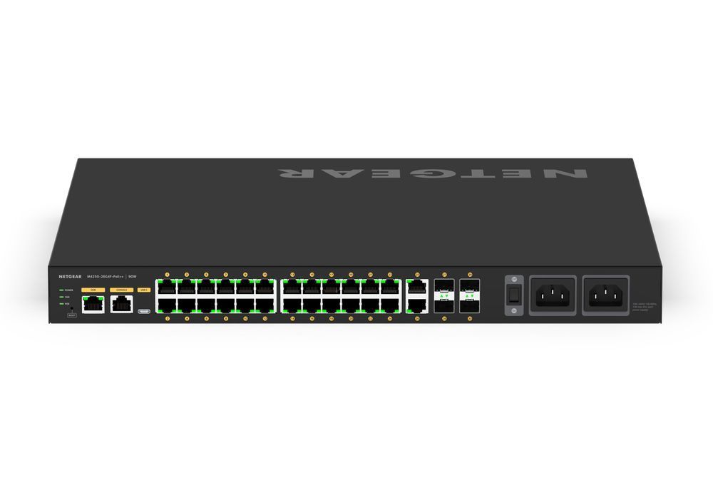 Комутатор NETGEAR M4250-26G4F-PoE++ (GSM4230UP), 24x1GE Ultra90 PoE++ (1400Вт), 2x1GE, 4xSFP, AV Line керований L2 GSM4230UP-100EUS фото