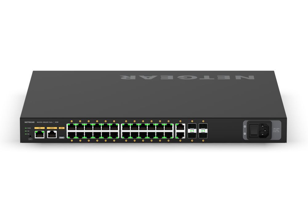 Комутатор NETGEAR M4250-26G4XF-PoE+ (GSM4230PX), 24x1GE PoE+ (480Вт), 2x1GE, 4xSFP+, AV Line керований L2 GSM4230PX-100EUS фото